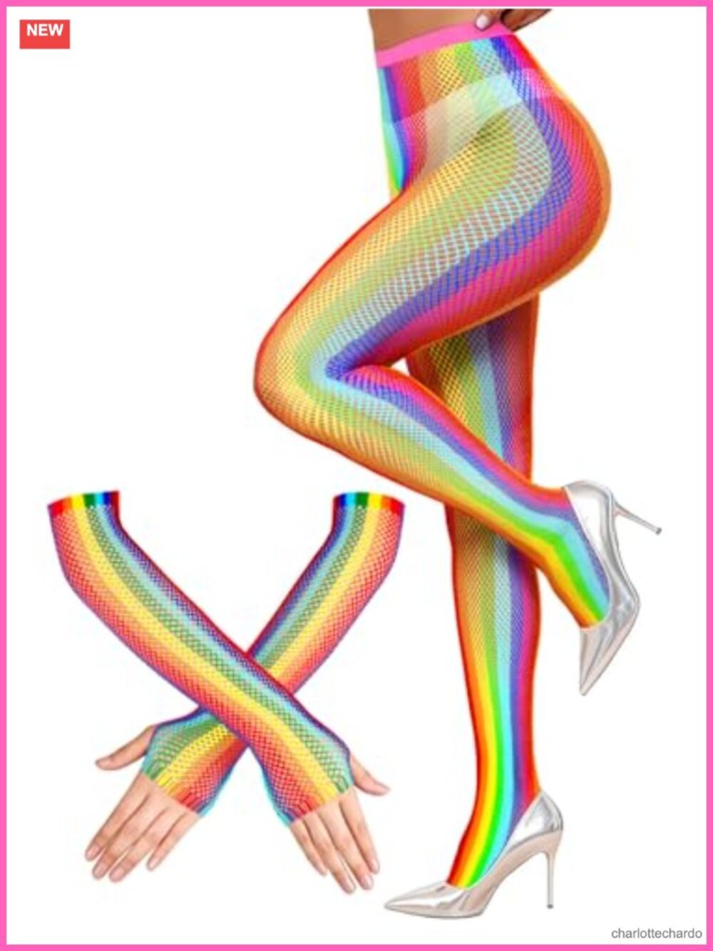 Rainbow Fishnet Tights and Gloves Set Nylon Spandex Stretchy One Size Fits Most